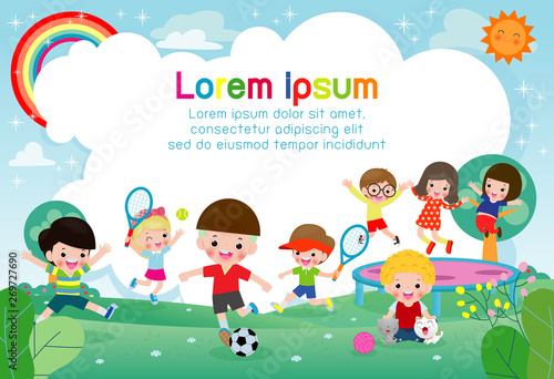 Happy children playing in playground, kids activities on the park, Template for advertising brochure,your text, flat Funny cartoon character,design Vector Illustration