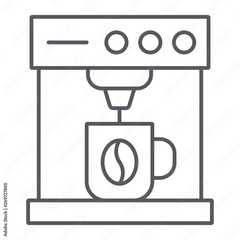 Coffee machine thin line icon, coffee and appliance, coffee maker sign, vector graphics, a linear pattern on a white background. Coffee machine thin line icon, coffee and appliance, coffee maker sign, vector graphics, a linear pattern on a white background.