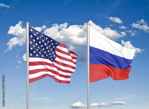 United States of America vs Russia. Thick colored silky flags of America and Russia. 3D illustration on sky background. - Illustration