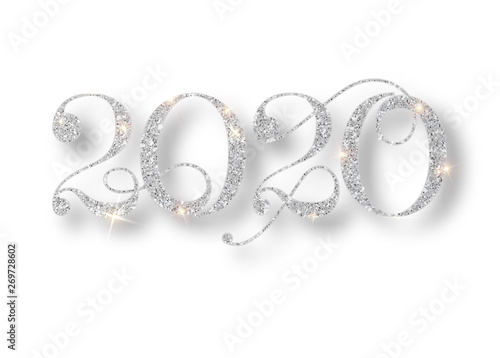 Happy New Year 2020 Greeting Card with Silver Numbers and Confetti Frame on White Background. Vector Illustration. Merry Christmas Flyer or Poster Design. Vector 10 EPS.