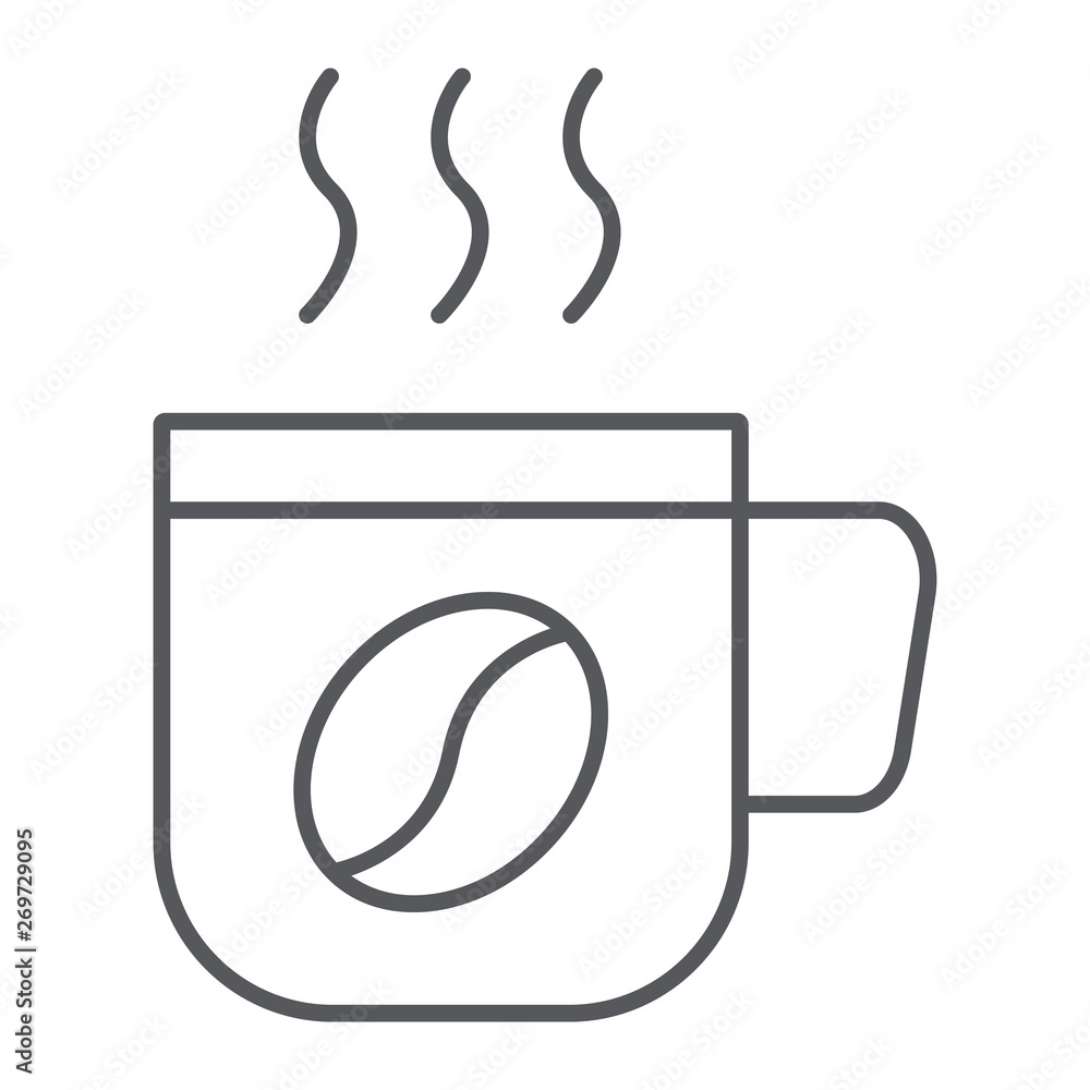 Hot coffee thin line icon, coffee and drink, coffe mug sign, vector graphics, a linear pattern on a white background. Hot coffee thin line icon, coffee and drink, coffe mug sign, vector graphics, a linear pattern on a white background.