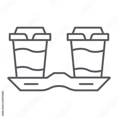 Take away coffee cups thin line icon, drink and caffeine, coffee tray sign, vector graphics, a linear pattern on a white background.