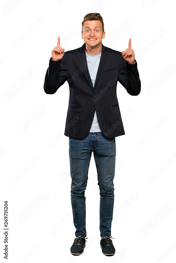 Blonde handsome man pointing up a great idea Blonde handsome man pointing up a great idea