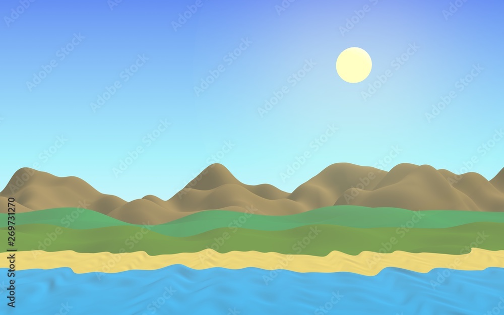 Sun Sea Beach. Noon. Ocean shore line with waves on a beach. Island beach paradise with waves. Vacation, summer, relaxation. Seascape, seashore. Minimalist landscape, primitivism. 3D illustration