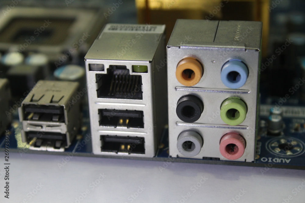 Fototapeta premium computer mainboard close up ports