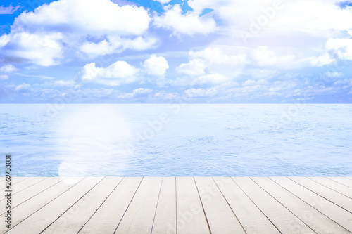 display wooden floor with blue sky and sea