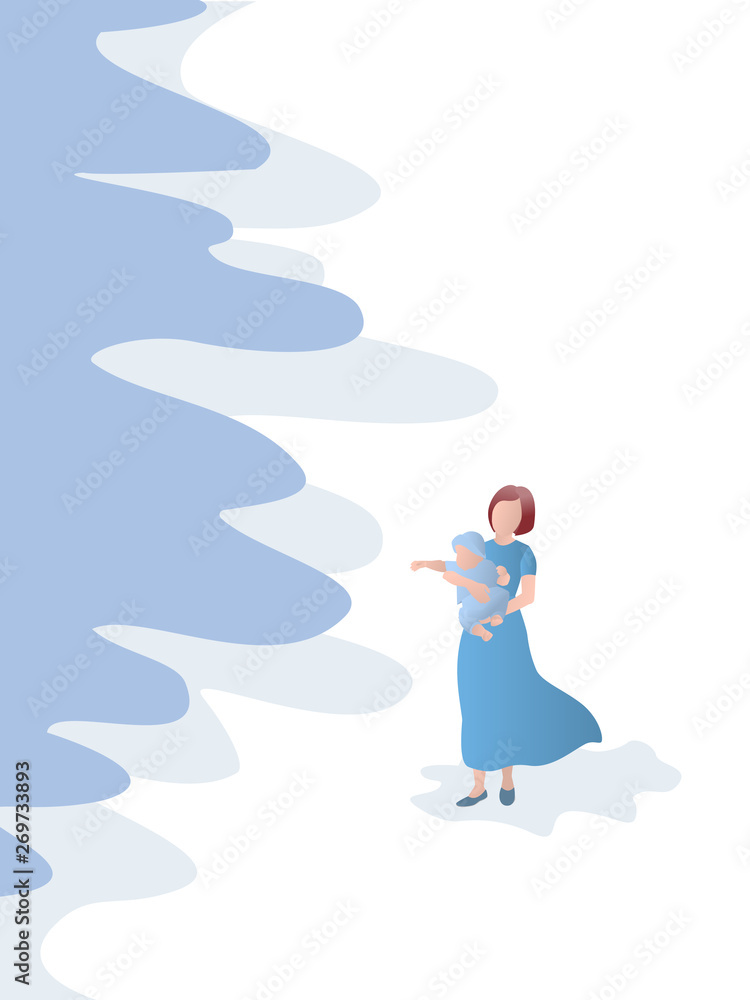 Flat mother with child on hands walking on sea coast. Vector illustration. Parenting, motherhood or travel concept Flat mother with child on hands walking on sea coast. Vector illustration. Parenting, motherhood or travel concept