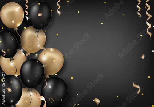 Celebrations background with black and golden balloons, serpentine, confetti, sparkles.Template for banner, greeting card or sales. Vector illustrations.