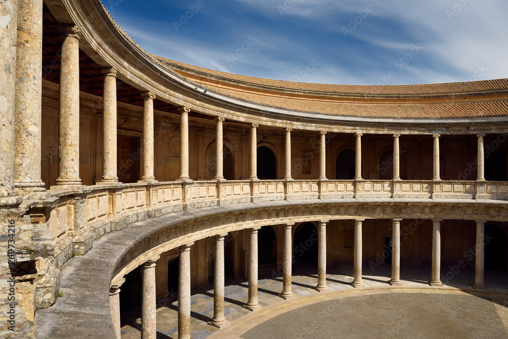 Inner circular courtyard from second story in the Palace of Charles V Alhambra Granada Spain Inner circular courtyard from second story in the Palace of Charles V Alhambra Granada Spain