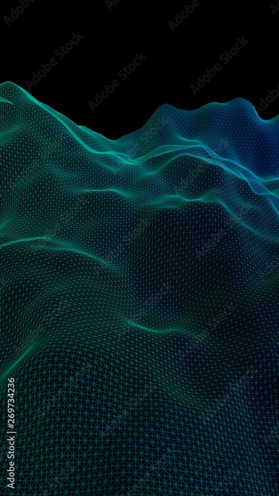 Abstract green landscape on a black background. Cyberspace grid. hi tech network. Depth of field. 3D illustration