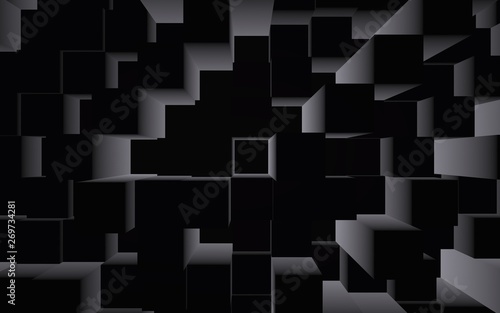 Abstract dark elegant cube geometric background. Chaotically advanced rectangular bars. 3D Rendering, 3D illustration