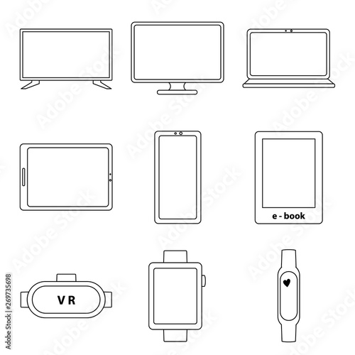 Cross platform devices. Set of line icons. Outline isolated vector illustration.