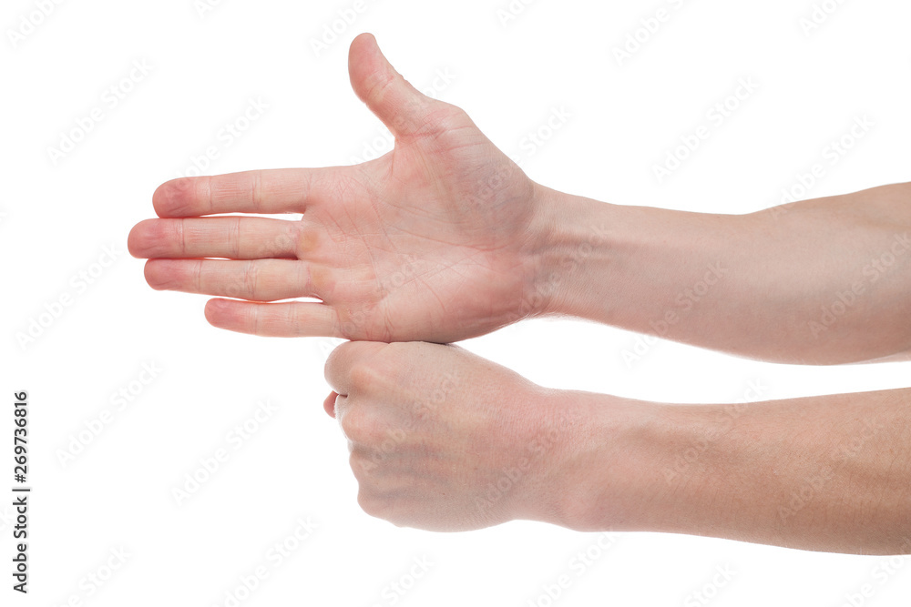 Hand with open palm on white background. Male hand in the attack and in defense of the hand Hand with open palm on white background. Male hand in the attack and in defense of the hand
