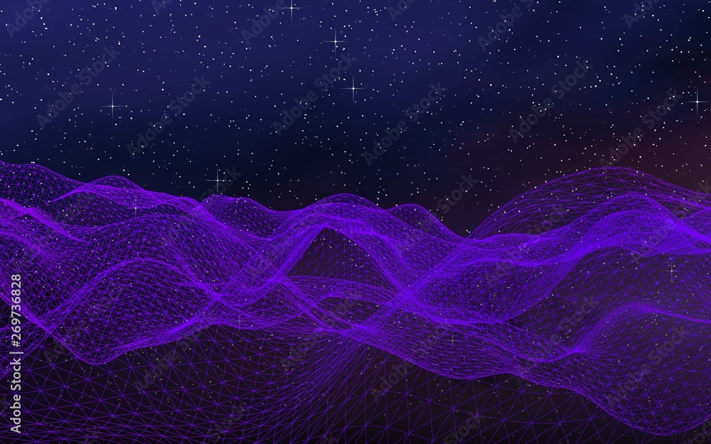 Abstract ultraviolet landscape on a dark background. Purple cyberspace grid. hi tech network. Outer space. Violet starry outer space texture. 3D illustration Abstract ultraviolet landscape on a dark background. Purple cyberspace grid. hi tech network. Outer space. Violet starry outer space texture. 3D illustration
