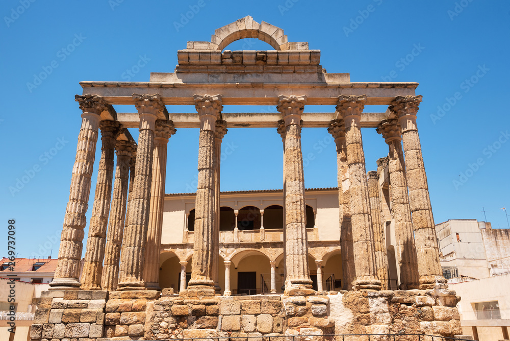The famous Roman temple of Diana in Merida, province of Badajoz, Extremadura, Spain .