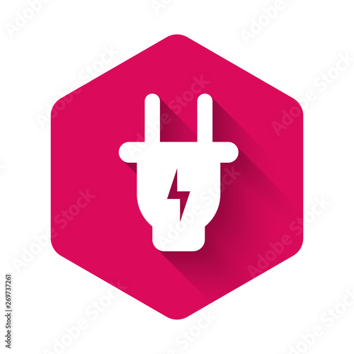 White Electric plug icon isolated with long shadow. Concept of connection and disconnection of the electricity. Pink hexagon button. Vector Illustration