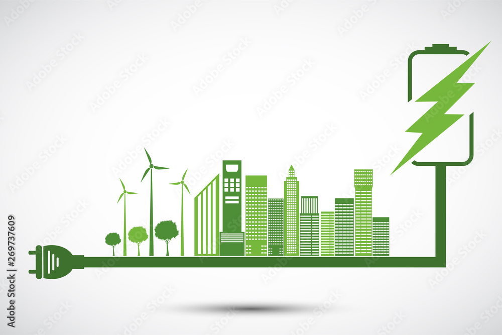 Ecology and Environmental Concept,Earth Symbol With Green Leaves Around Cities Help The World With Eco-Friendly Ideas,Vector Illustration