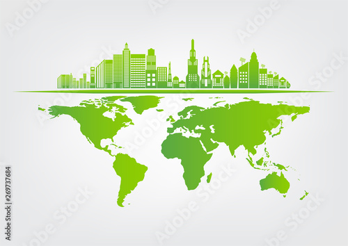 Wallpaper Mural Ecology and Environmental Concept,Earth Symbol With Green Leaves Around Cities Help The World With Eco-Friendly Ideas,Vector Illustration Torontodigital.ca