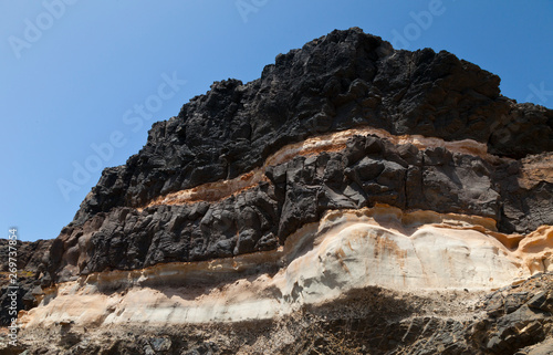 Lavas y arenas fósiles en acantilados de playa de Los Molinos. Pueblo Tefía. Isla Fuerteventura. Pronvincia Las Palmas. Islas Canarias. España