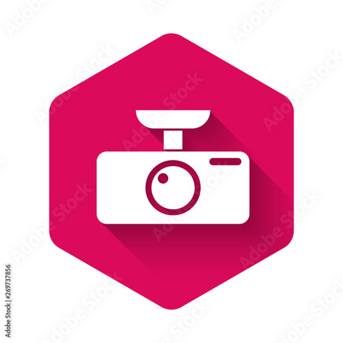 White Car DVR icon isolated with long shadow. Car digital video recorder icon. Pink hexagon button. Vector Illustration