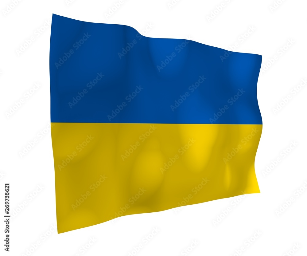 The flag of Ukraine on a white background. National flag and state ensign. Blue and yellow bicolour. 3D illustration waving flag The flag of Ukraine on a white background. National flag and state ensign. Blue and yellow bicolour. 3D illustration waving flag