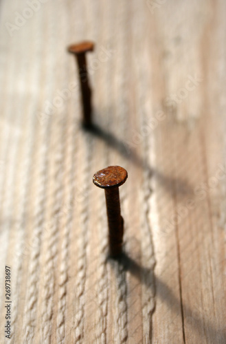 Nailed nails in a plank, selective focus