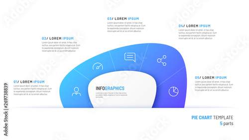 Vector pie chart infographic template in the form of abstract shape divided by five parts