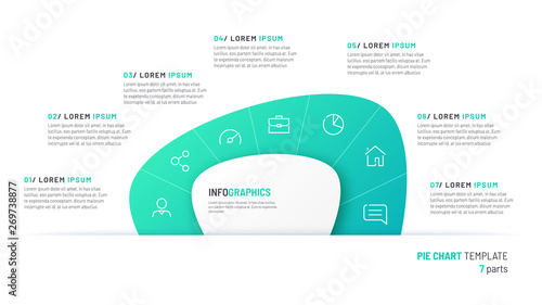 Vector pie chart infographic template in the form of abstract shape divided by seven parts