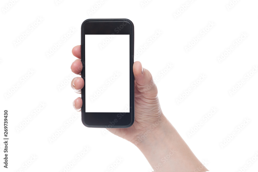 Hand holding black Smartphone with blank screen on white backgroun.