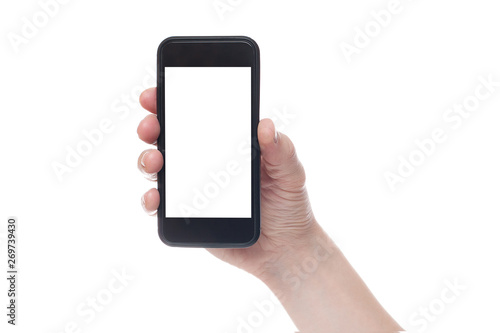 Hand holding black Smartphone with blank screen on white backgroun.