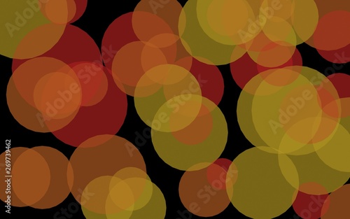 Multicolored translucent circles on a dark background. Yellow tones. 3D illustration
