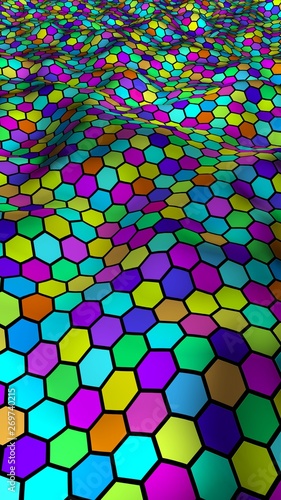 Honeycomb multi-colored. Perspective view on polygon look like honeycomb. Wavy surface. Isometric geometry. 3D illustration