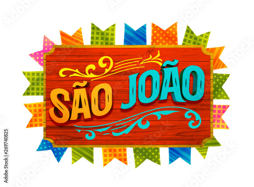 Festa Junina com bandeiras de fundo para varejo. Selo promocional 3d Brasil para festa de junho de cartão ou cartaz para  férias.  Selo São João e arraiá. Tipografia festiva