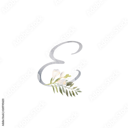 Watercolor letter E decorated with handpainted white freesia flower greenery © olesyaturchuk