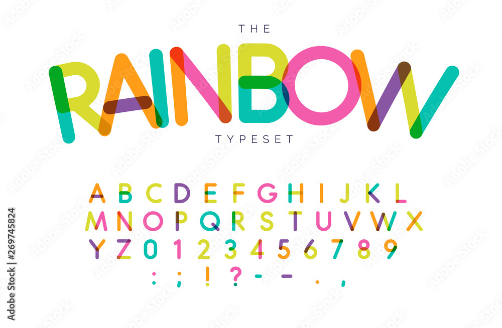Rainbow letters and numbers set. Festival style vector latin alphabet. Font for events, birthday, kids promotions, festival logos, banner, monogram and poster. Typography design. - obrazy, fototapety, plakaty 