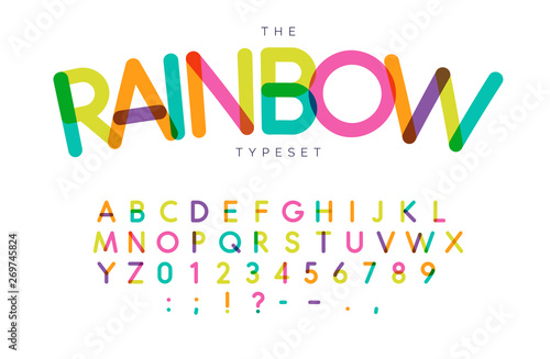 Rainbow letters and numbers set. Festival style vector latin alphabet. Font for events, birthday, kids promotions, festival logos, banner, monogram and poster. Typography design.