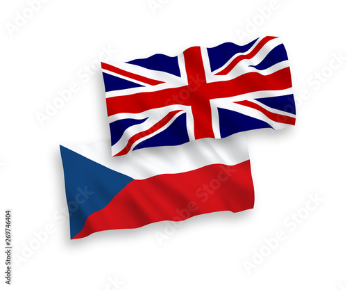 National vector fabric wave flags of Great Britain and Czech Republic isolated on white background. 1 to 2 proportion.