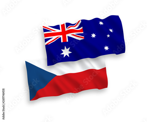 National vector fabric wave flags of Australia and Czech Republic isolated on white background. 1 to 2 proportion.