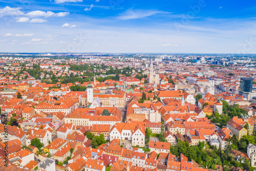 Panoramic view on Upper town and st Mark church in Zagreb, red roofs and palaces of old baroque center, political center of Croatia