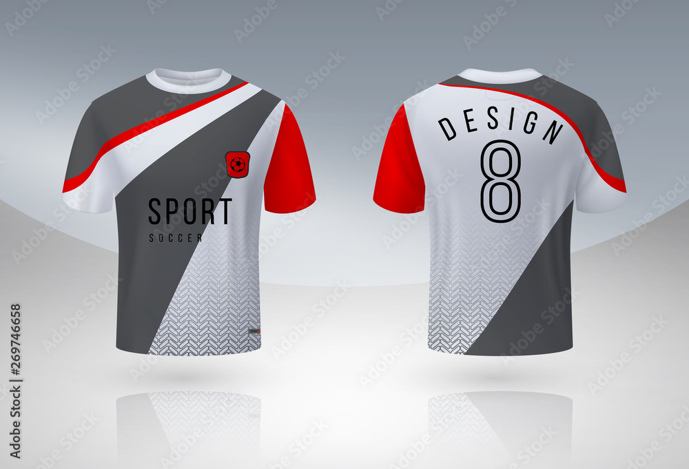 Realistic soccer shirt. Jersey sport uniform mock up designing, 3D football  team t-shirt design template. Vector round neck apparel jerseys Stock  Vector | Adobe Stock