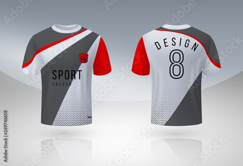 Realistic soccer shirt. Jersey sport uniform mock up designing, 3D football team t-shirt design template. Vector round neck apparel jerseys