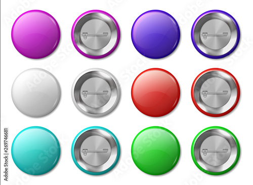 Round badge mockup. Realistic metal labels design template, plastic glossy circle tags, multicolor buttons and pins. Vector blank badges set