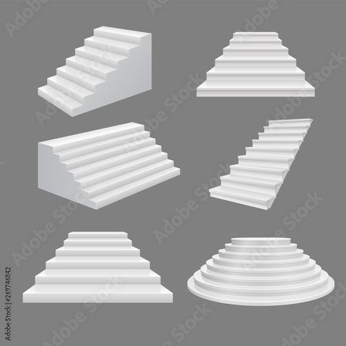 Building stairs illustration. 3D scala illustration white modern staircase on top floor. Vector decoration ladder set