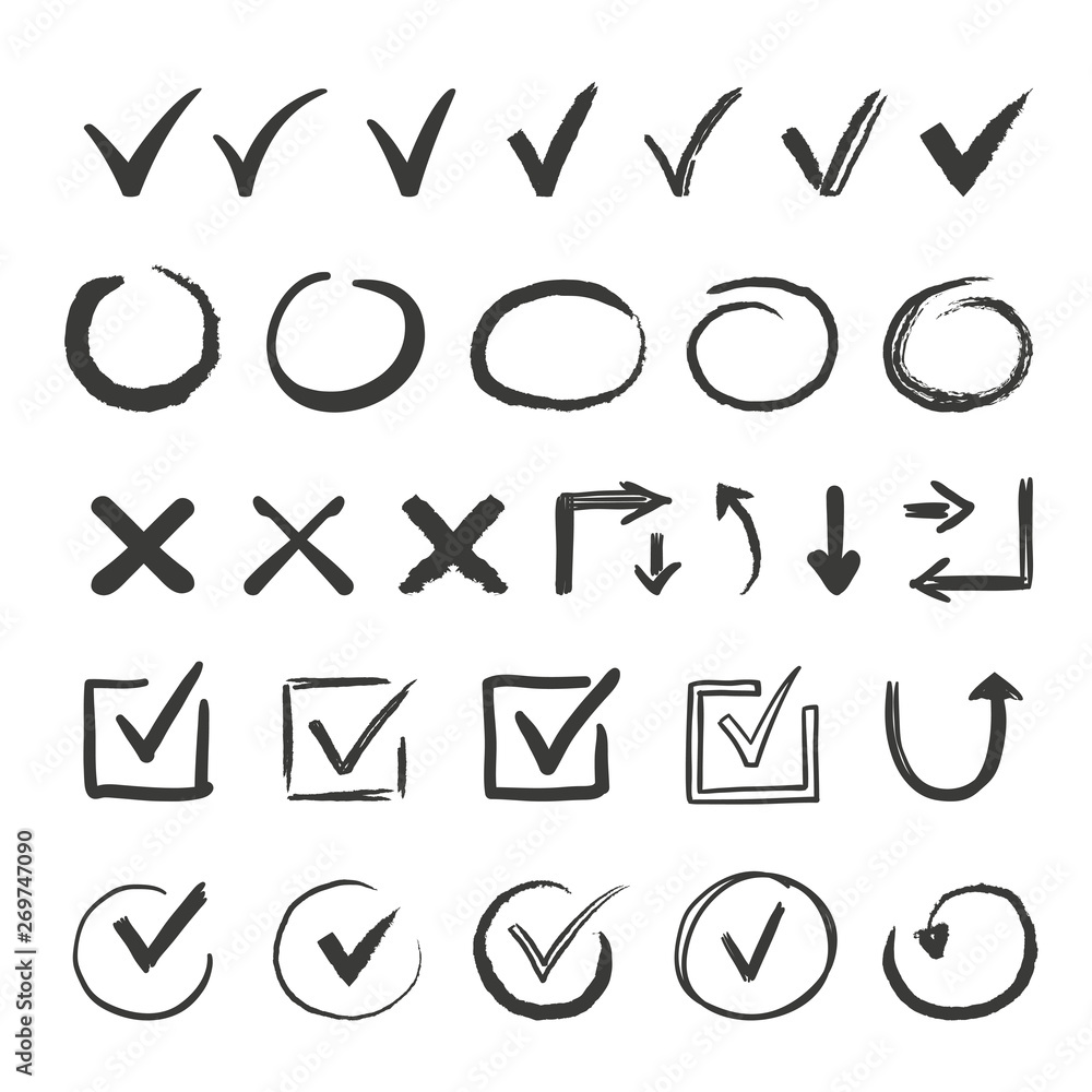 Hand drawn check signs. Doodle v mark for list items, checkbox chalk icons and sketch checkmarks. Vector checklist marks icon set Hand drawn check signs. Doodle v mark for list items, checkbox chalk icons and sketch checkmarks. Vector checklist marks icon set