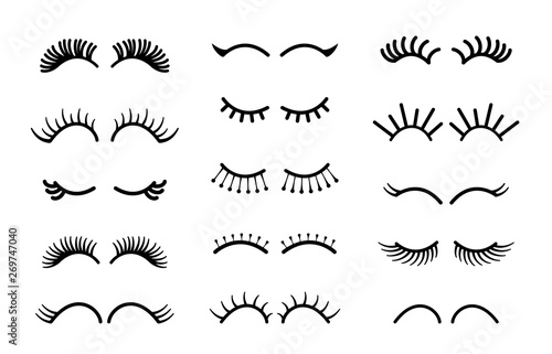 Cartoon eyelashes. Cute unicorn face lashes, pretty closed animal eyes isolated on white. Vector mascara simple beauty and pretty eyelash set