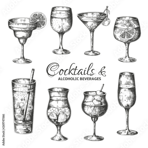Hand drawn cocktails. Vintage glasses with liquors and alcoholic drinks, summer drinks sketch menu. Vector tropical vintage beverages illustrations set