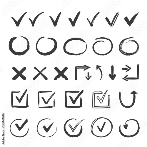 Hand drawn check signs. Doodle v mark for list items  checkbox chalk icons and sketch checkmarks. Vector checklist marks icon set