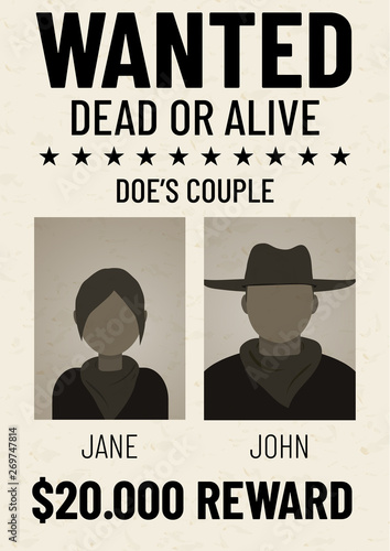 Old wanted dead or alive poster with flat male and female avatars.