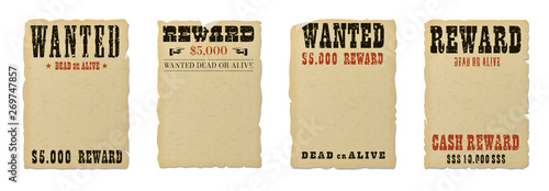Wanted dead or alive blank poster template with grunge textured typography and ripped vintage faded yellow paper isolated on white background. photo