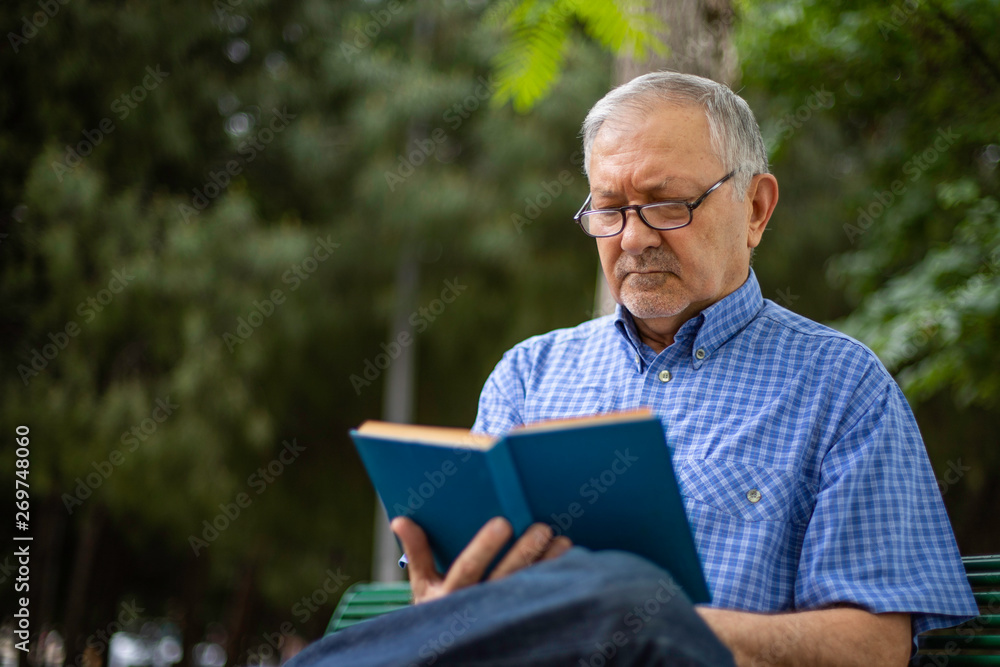 An old (elderly) man is sitting on the bench and reading a book An old (elderly) man is sitting on the bench and reading a book